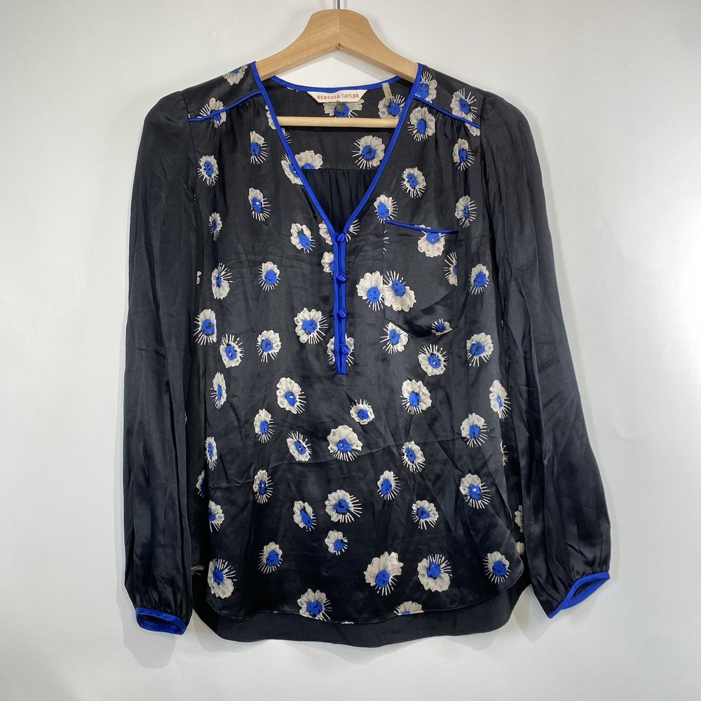 Rebecca Taylor Silk Blend Floral V-Neck Blouse Top Size 0 Romantic Boho Black
